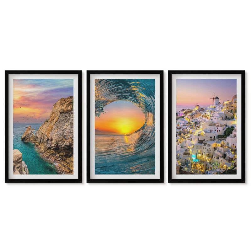 Komplet obrazów czarna rama Tulup 40x60 cm Morze fale białe domy Santorini Obrazy nad biurko zestaw czarna rama 1 kpl