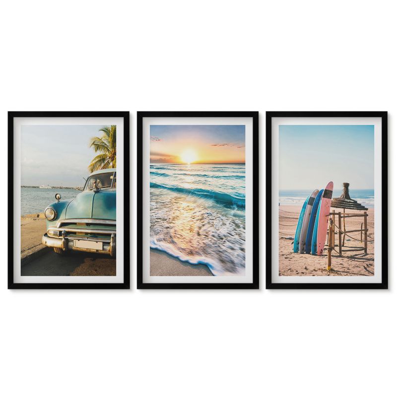 Komplet obrazów czarna rama Tulup 40x60 cm Wakacje Miami zachód słońca Tryptyk 1 kpl