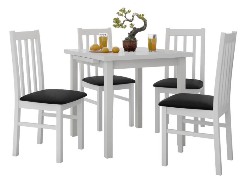 Zestaw DR14 Stół rozkładany Max VII 80x80/110 + 4 krzesła Bos 10 biały + czarna tapicerka 1 kpl.