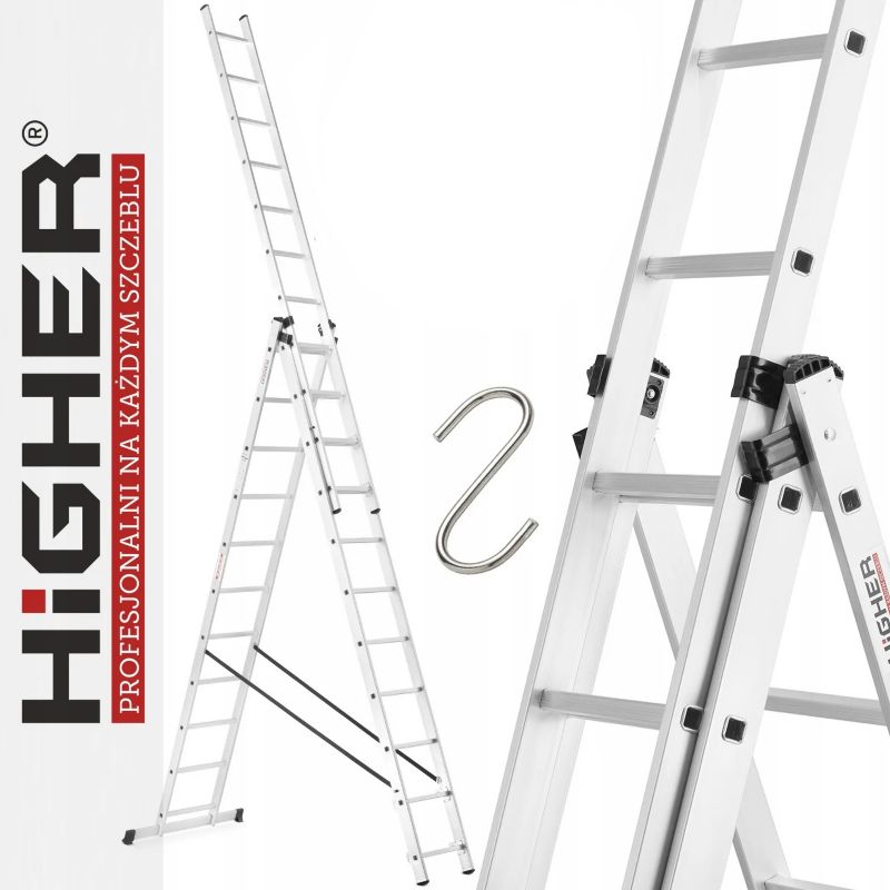 Drabina aluminiowa wielofunkcyjna z opcją ustawienia na schodach 3x11 HIGHER ML-611 + hak 1szt.