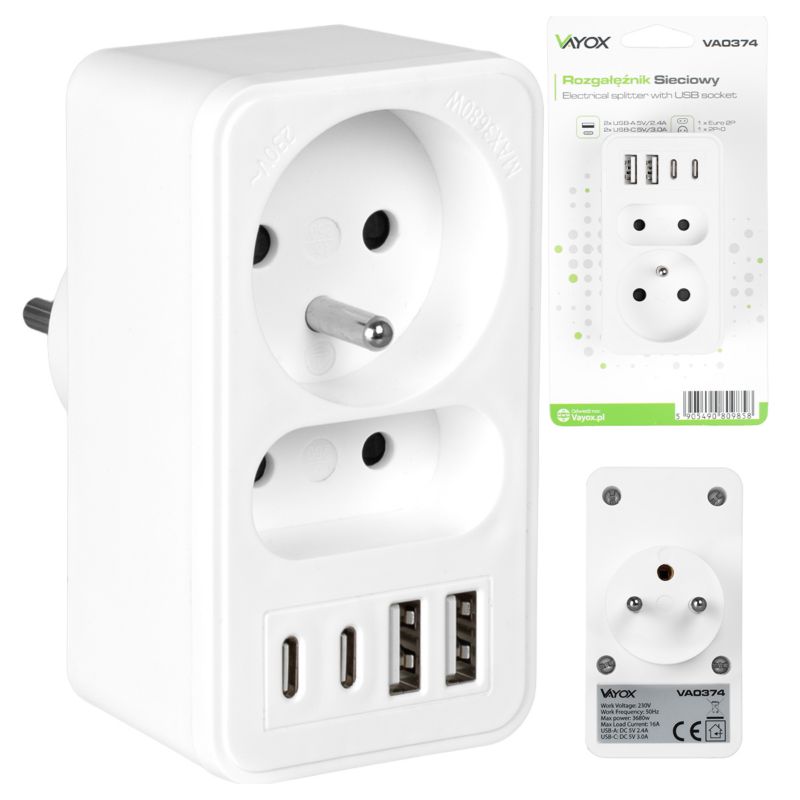 Rozgałęźnik Vayox VA0374 złodziejka 2 gniazda USB USB-C 1 szt