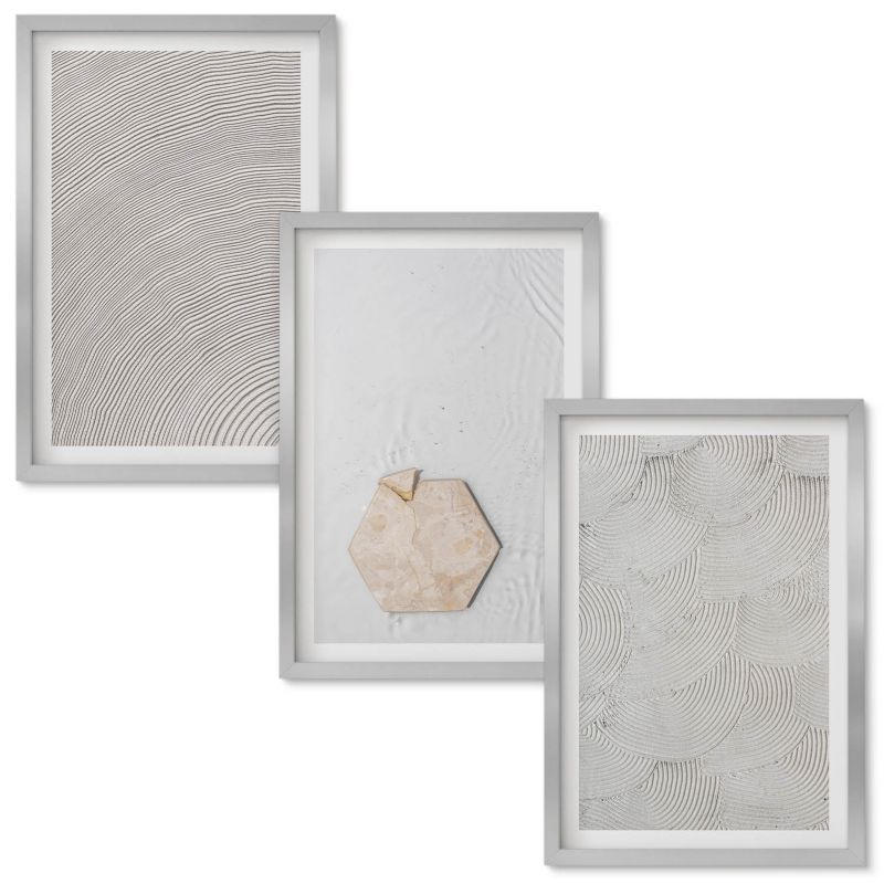 Set Obrazów w Ramie Wallfluent Jasne tekstury piasku boho Srebrna rama 40x60 cm 3 szt.