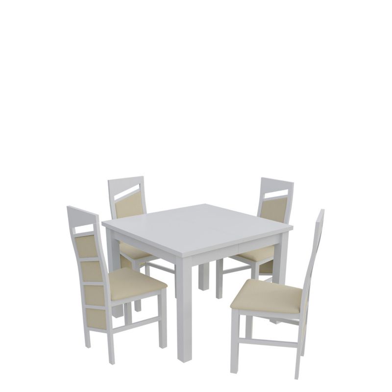 Zestaw RO33 MIRJAN 24 Stół rozkładany S28 90x90/240 + 4 krzesła K61 biały + ekoskóra ecru 1 kpl.