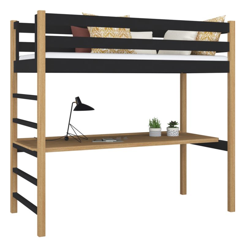 Drewniane łóżko N-WOOD na antresoli z biurkiem N01 czarno dębowy 120x190 1szt.
