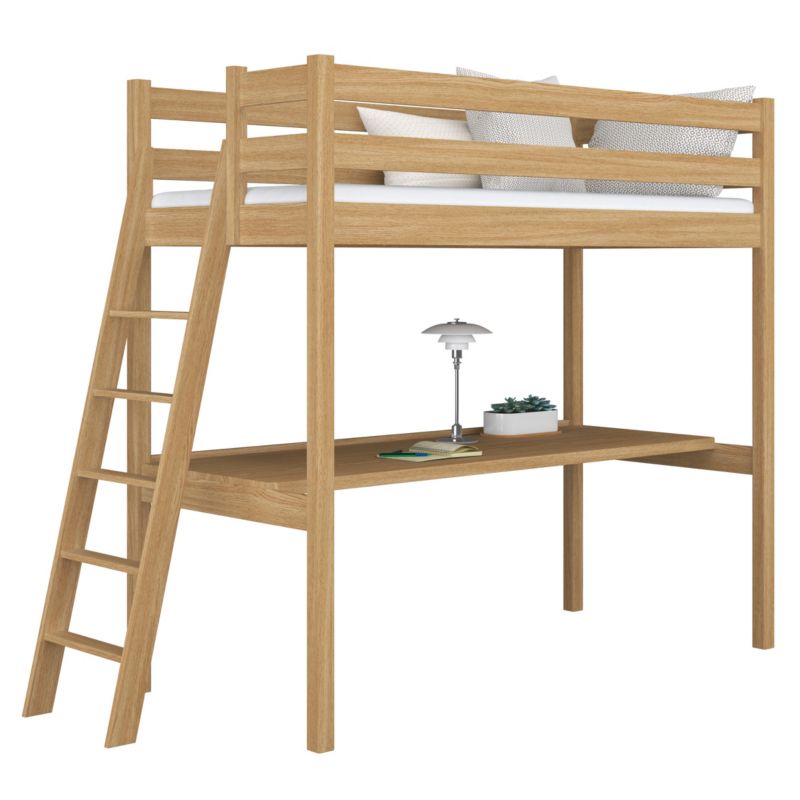 Dębowe łóżko N-WOOD na antresoli z biurkiem N02 dąb naturalny 90x190 1szt.