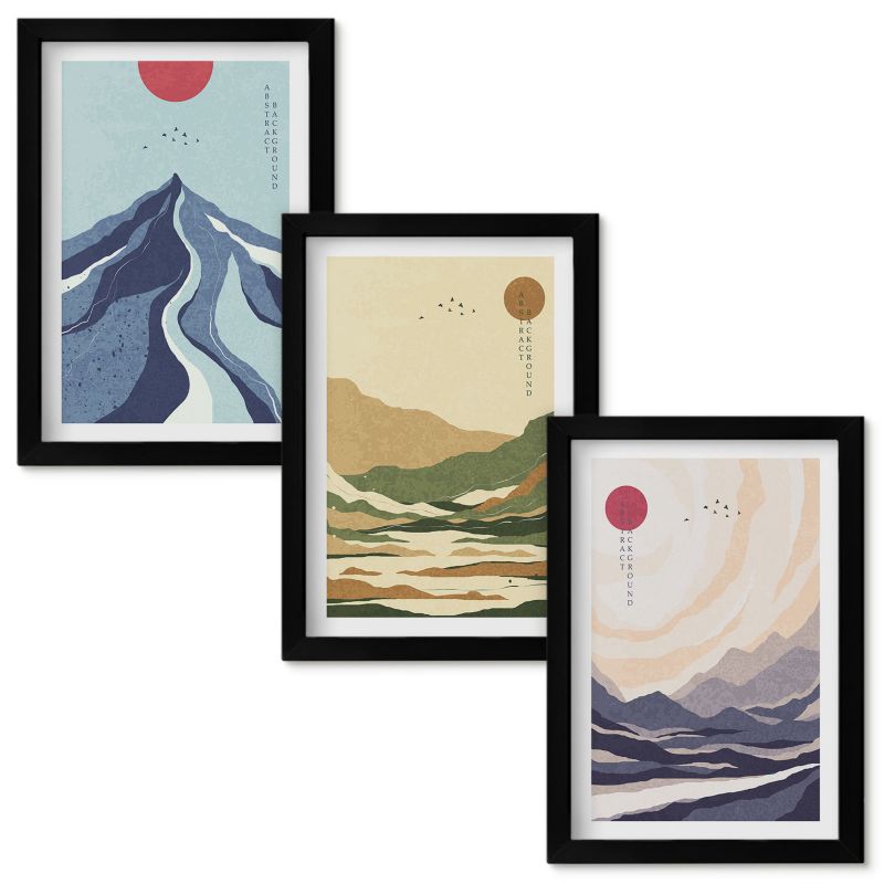 Set Obrazów w Ramie Wallfluent Góry pastelowe styl japandi Czarna rama 20x30cm 3 szt.