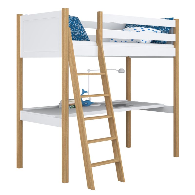 Drewniane łóżko N-WOOD na antresoli z biurkiem N04 biało dębowy 100x180 1szt.