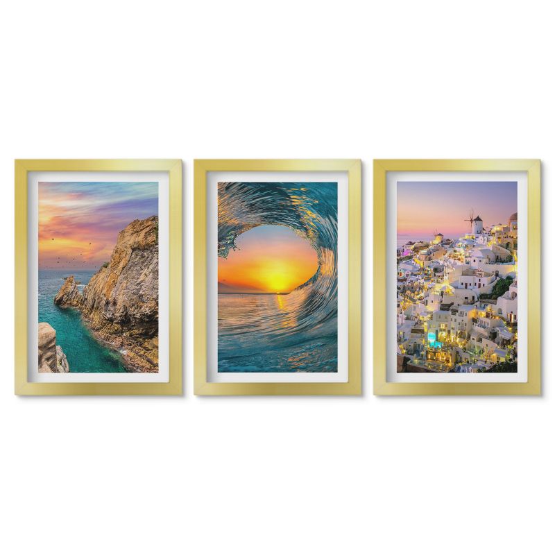 Komplet obrazów złota rama Tulup 20x30 cm Morze fale białe domy Santorini Obrazy nad biurko zestaw złota rama 1 kpl