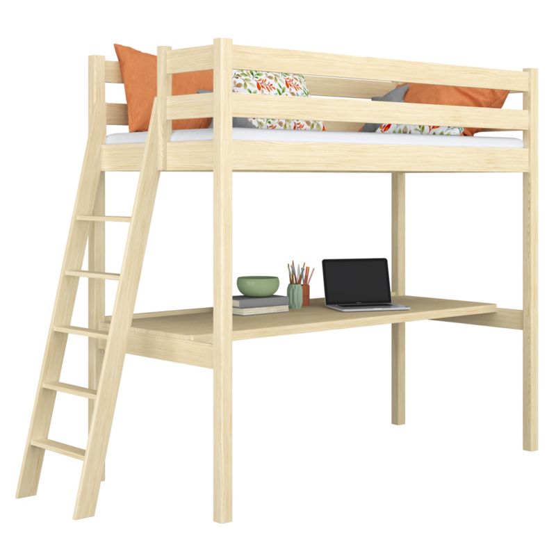 Drewniane łóżko N-WOOD na antresoli z biurkiem N02 sosna bezbarwna 120x200 1szt.
