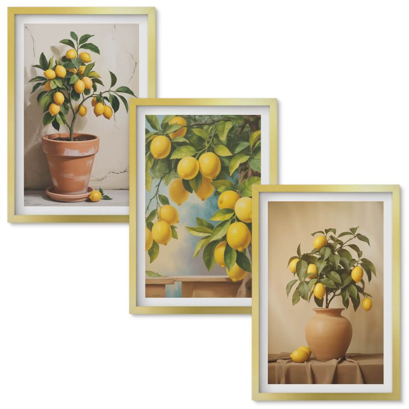 Zestaw obrazów Wallfluent Cytrynowe drzewka doniczki wazon Złota rama 40x60 cm 3 szt.