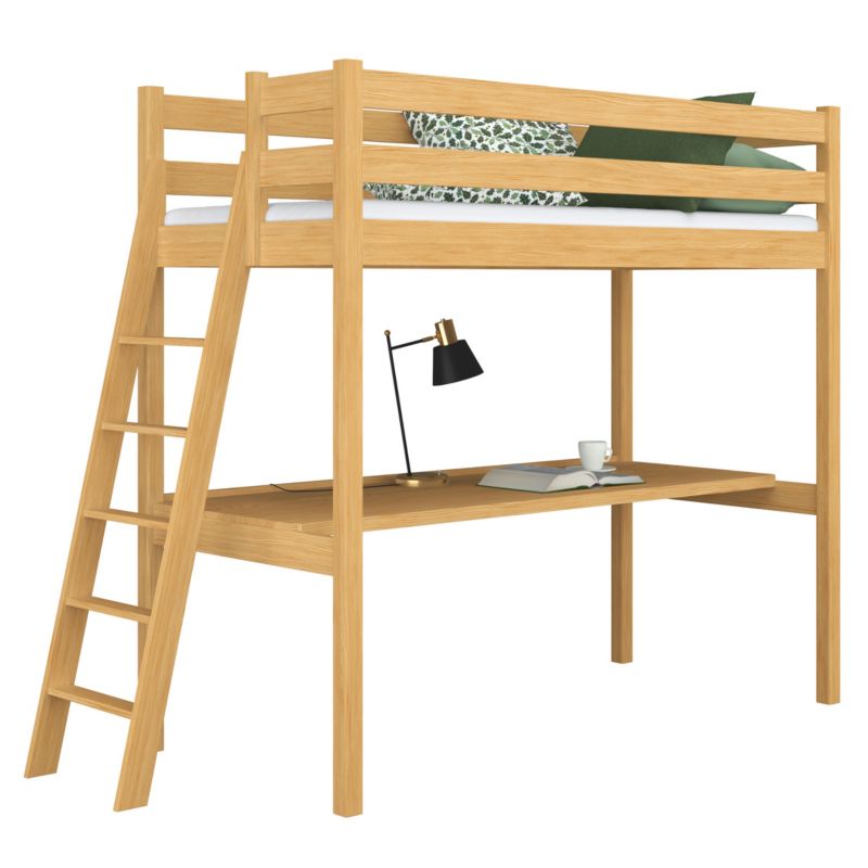 Drewniane łóżko N-WOOD na antresoli z biurkiem N02 sosna naturalna 120x180 1szt.