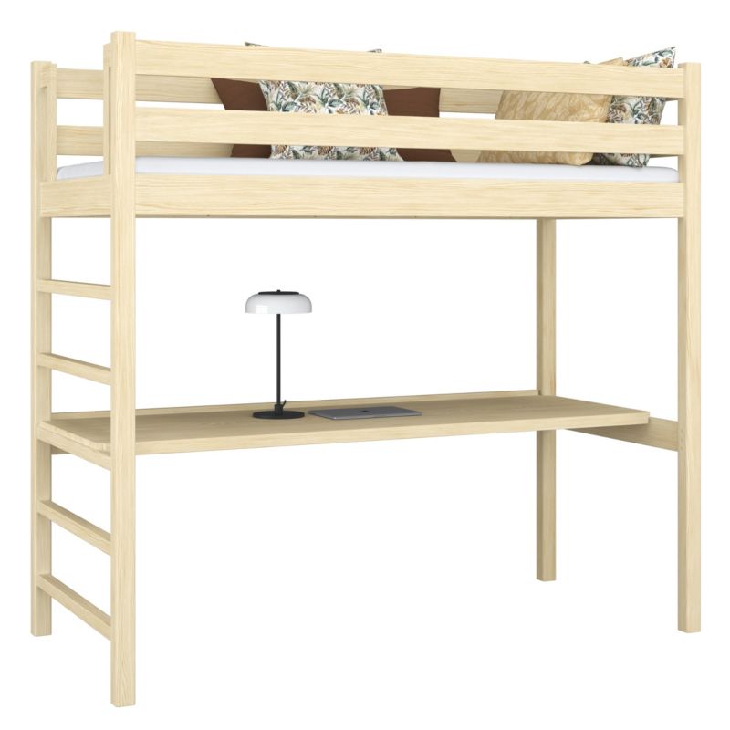 Drewniane łóżko N-WOOD na antresoli z biurkiem N01 sosna bezbarwna 90x190 1szt.