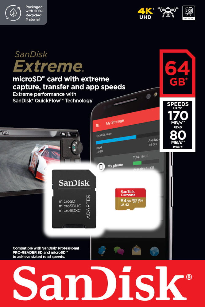 SanDisk Micro SDXC 64GB 170/80MB EXTREME SDSQXAH-064G-GN6MA c10 A2 V30 U3 - Henryx24