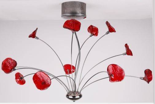 Czerwono-chromowana lampa sufitowa do salonu RIO 12-płomienna