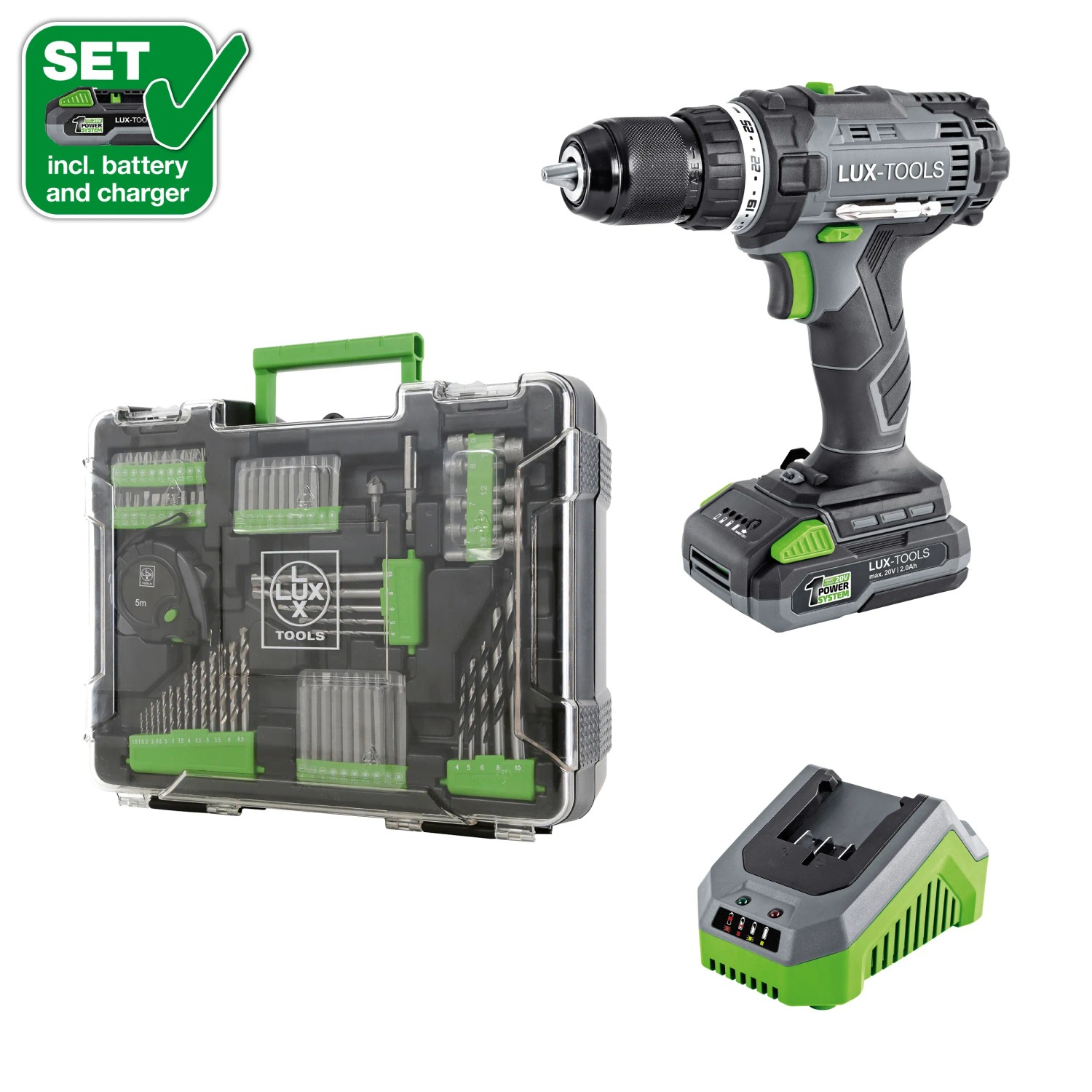 LUX-TOOLS Wiertarko-wkrętarka akumulatorowa A-BS-20 Set 20V 2,0 Ah + akcesoria
