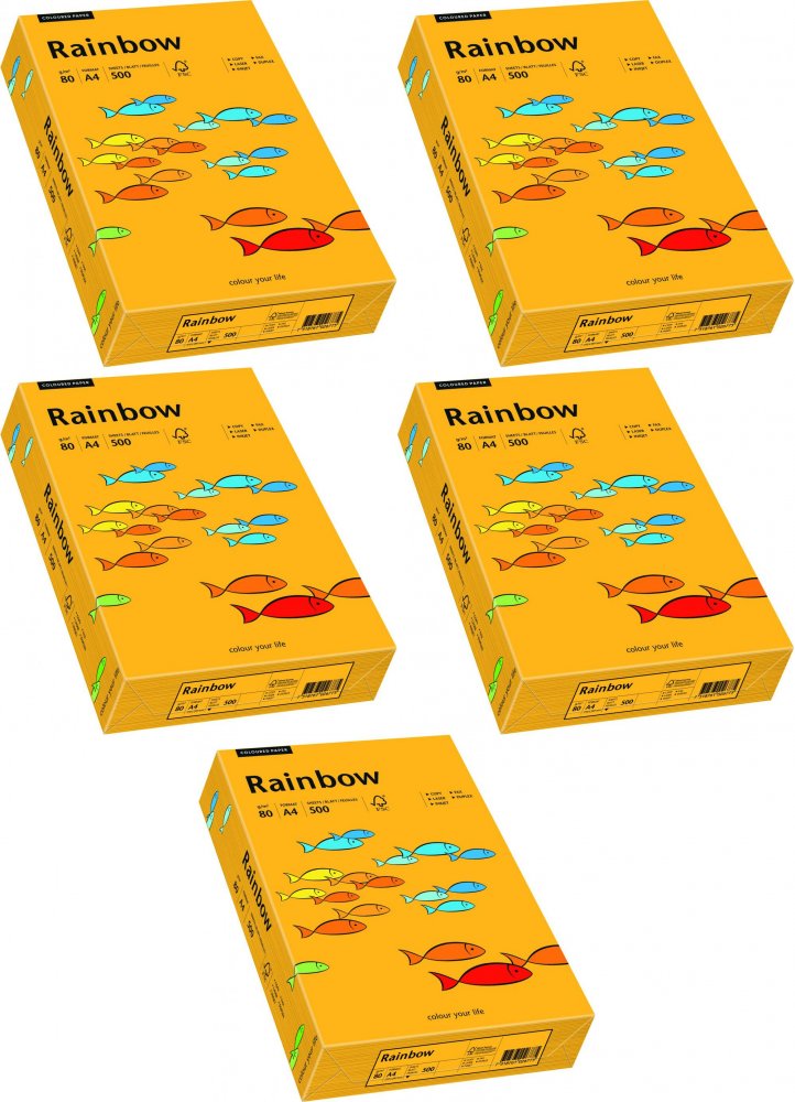 5x Papier kolorowy Rainbow, A4, 80g/m2, 500 arkuszy, jasny pomarańczowy (R22)