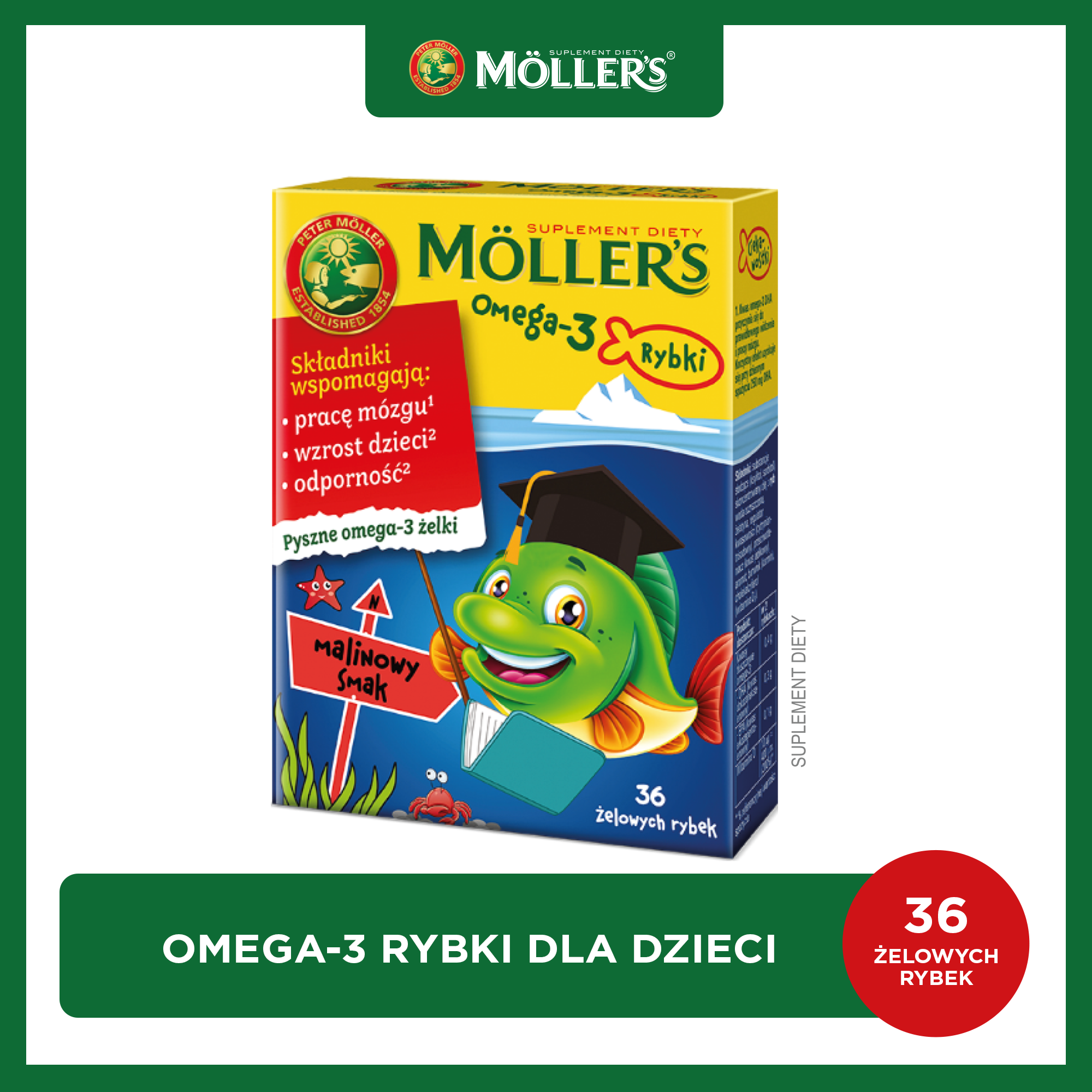 Mollers omega-3 rybki, smak malinowy, 36 żelowych rybek