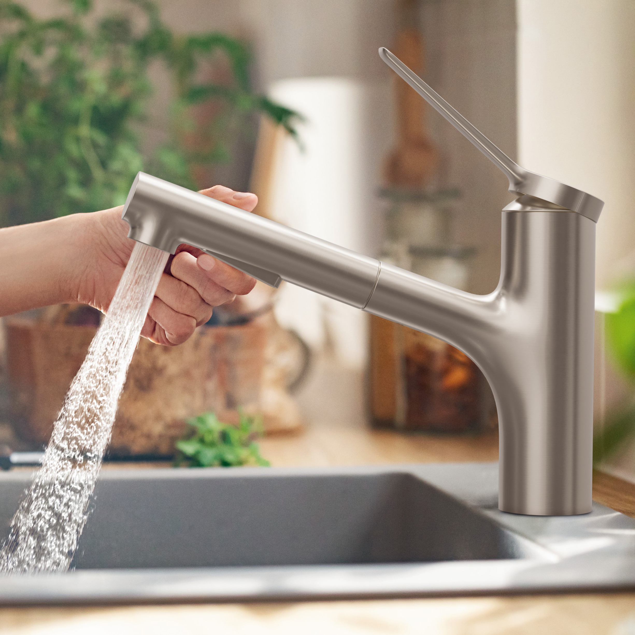 Hansgrohe Zesis M33 bateria kuchenna z wyciąganą wylewką stojąca stal szlachetna optyczna 74804800