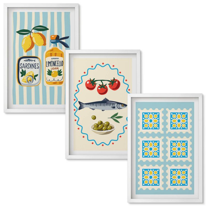Tryptyk w Ramie Wallfluent Ilustracje kuchenne styl śródziemnomorski Biała rama 40x60 cm 3 szt.