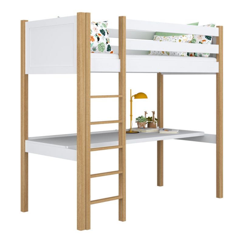 Drewniane łóżko N-WOOD na antresoli z biurkiem N06 biało dębowy 90x180 1szt.
