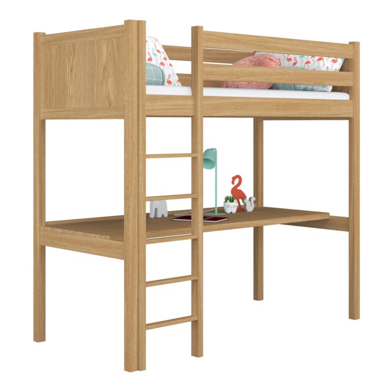 Dębowe łóżko N-WOOD na antresoli z biurkiem N06 dąb naturalny 120x200 1szt.