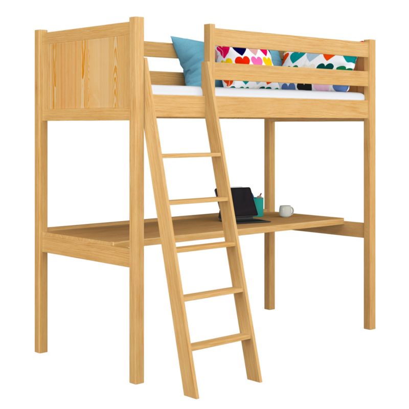 Drewniane łóżko N-WOOD na antresoli z biurkiem N04 sosna naturalna 90x200 1szt.