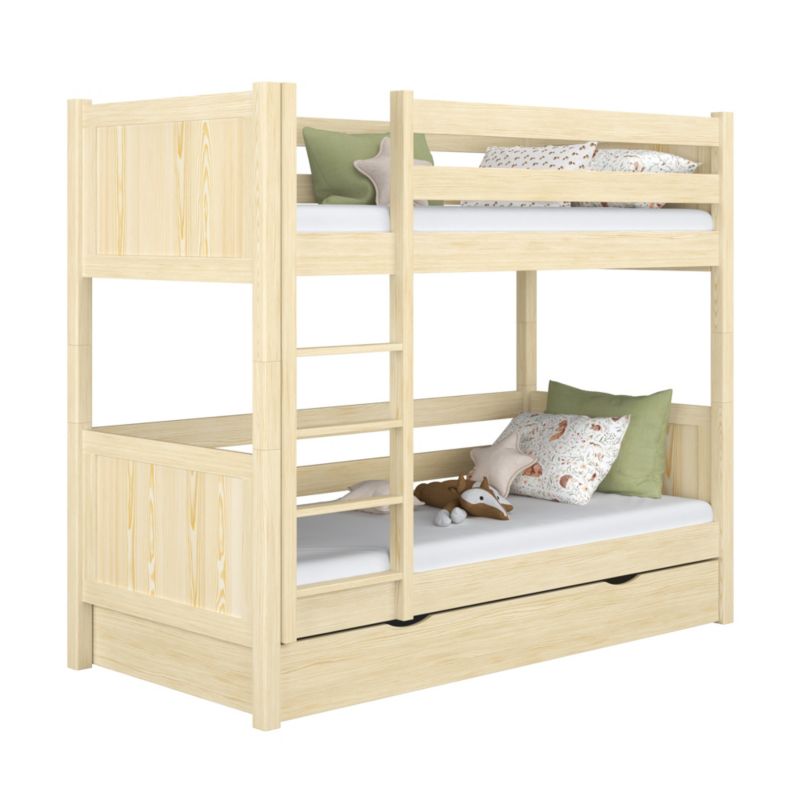 Drewniane łóżko N-WOOD piętrowe z szufladą N02 sosna bezbarwna 100x200 1szt.