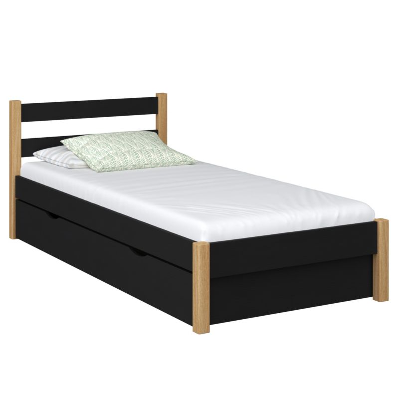 Drewniane łóżko N-WOOD pojedyncze z szufladą N01 czarno dębowy 90x180 1szt.