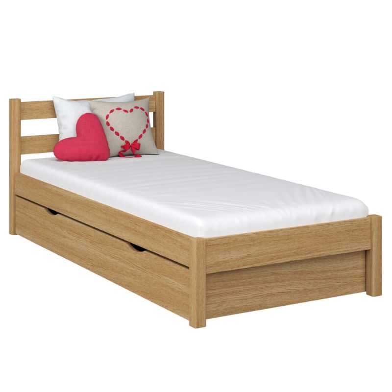 Dębowe łóżko N-WOOD pojedyncze z szufladą N01 dąb naturalny 90x200 1szt.