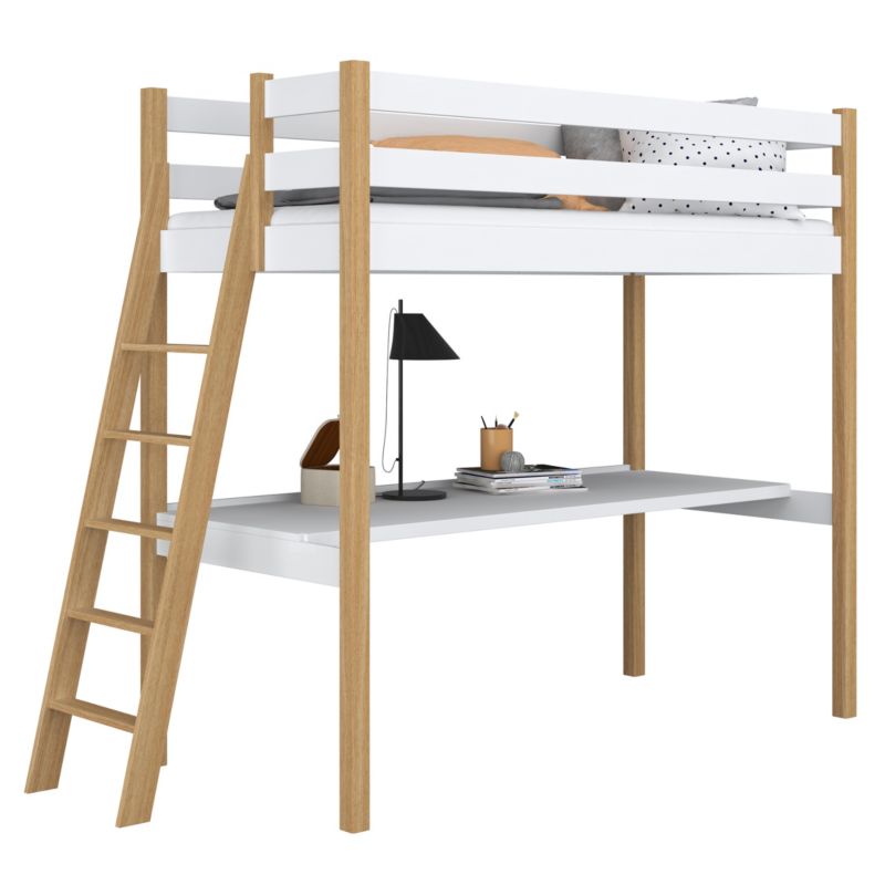 Drewniane łóżko N-WOOD na antresoli z biurkiem N02 biało dębowy 120x200 1szt.