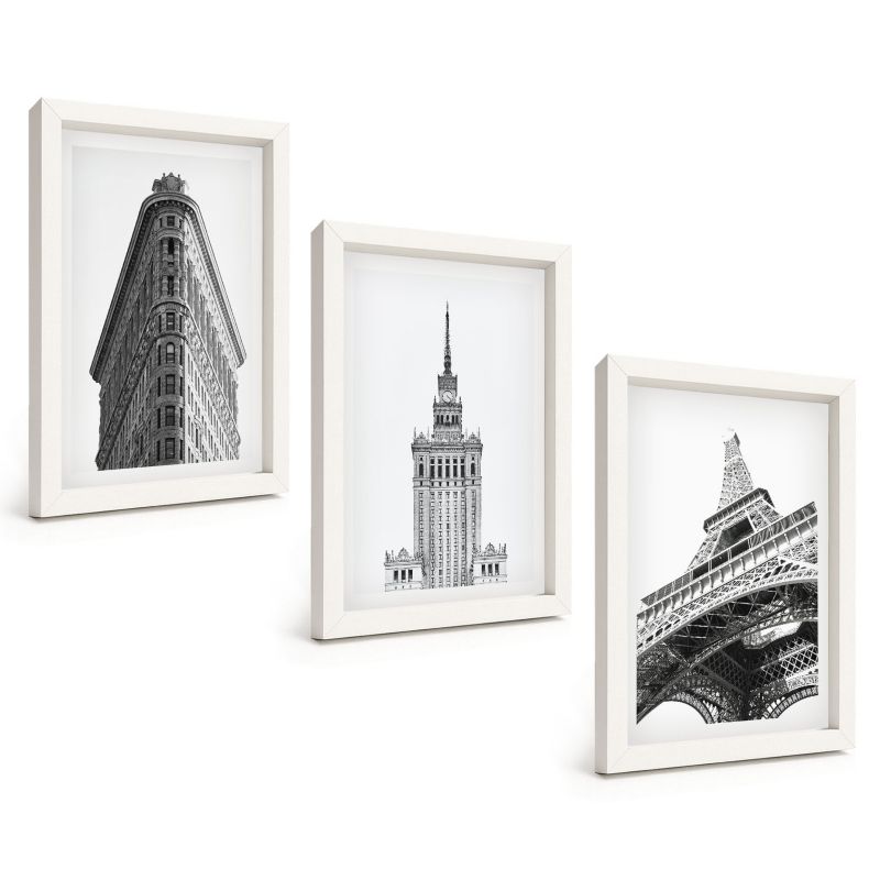 Zestaw Obrazów 3 Częściowy ArtPrintCave Białe Ramki 20x30 cm Dekoracja do Sypialni Czarno-białe budowle 1 kpl.