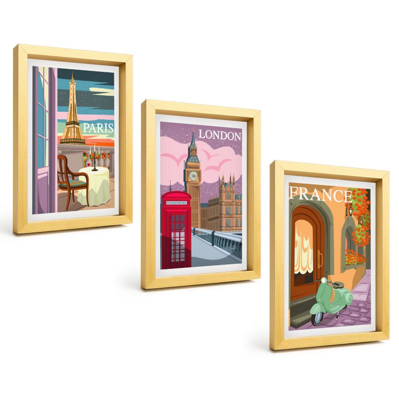 Zestaw Obrazów 3 Częściowy ArtPrintCave Złote Ramki 20x30 cm Dekoracja do Sypialni Widoki Paryż Londyn retro 1 kpl.