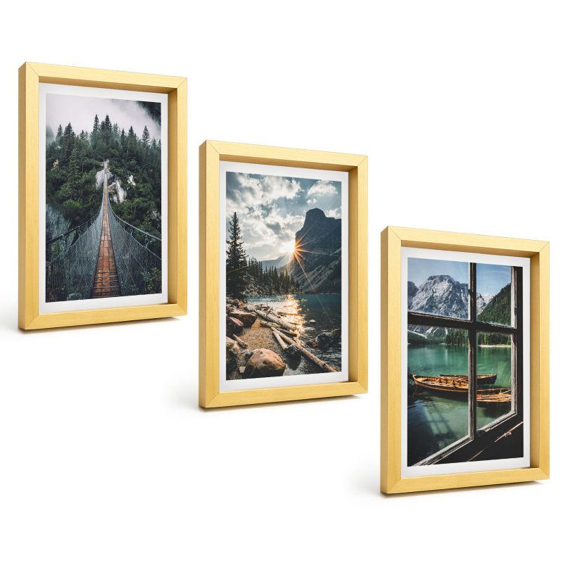 Zestaw Obrazów 3 Częściowy ArtPrintCave Złote Ramki 20x30 cm Dekoracja do Sypialni Most las jezioro łodzie góry 1 kpl.