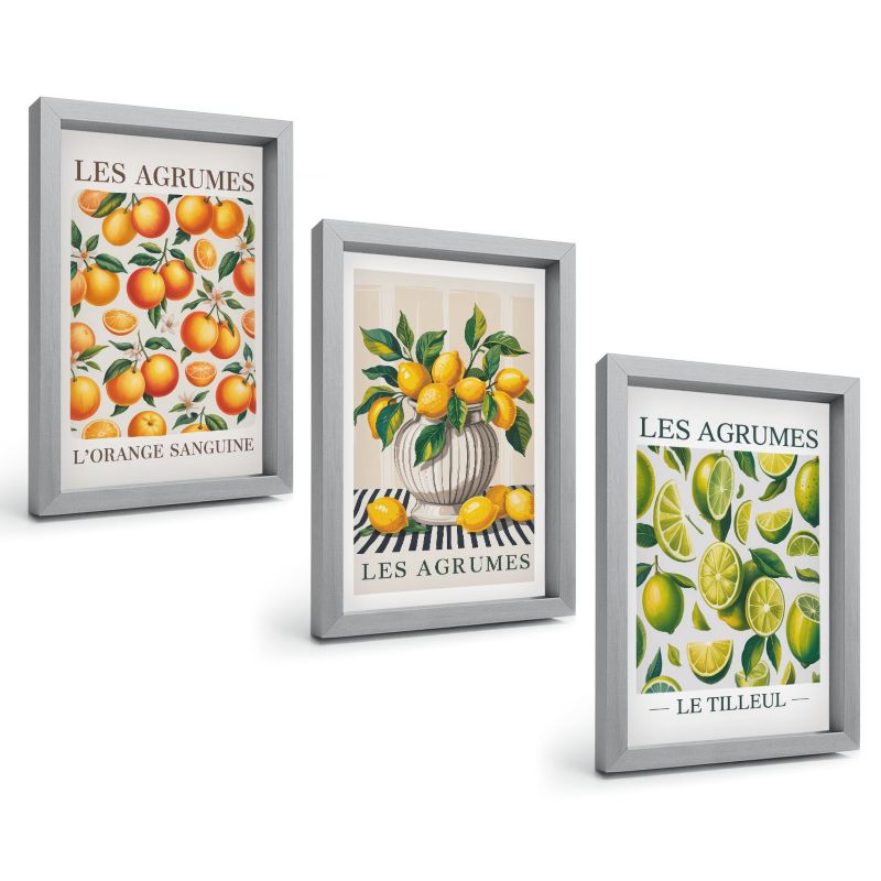 Zestaw Obrazów 3 Częściowy ArtPrintCave Srebrne Ramki 20x30 cm Dekoracja do Sypialni Cytrusy w kolorowych odsłonach 1 kpl.