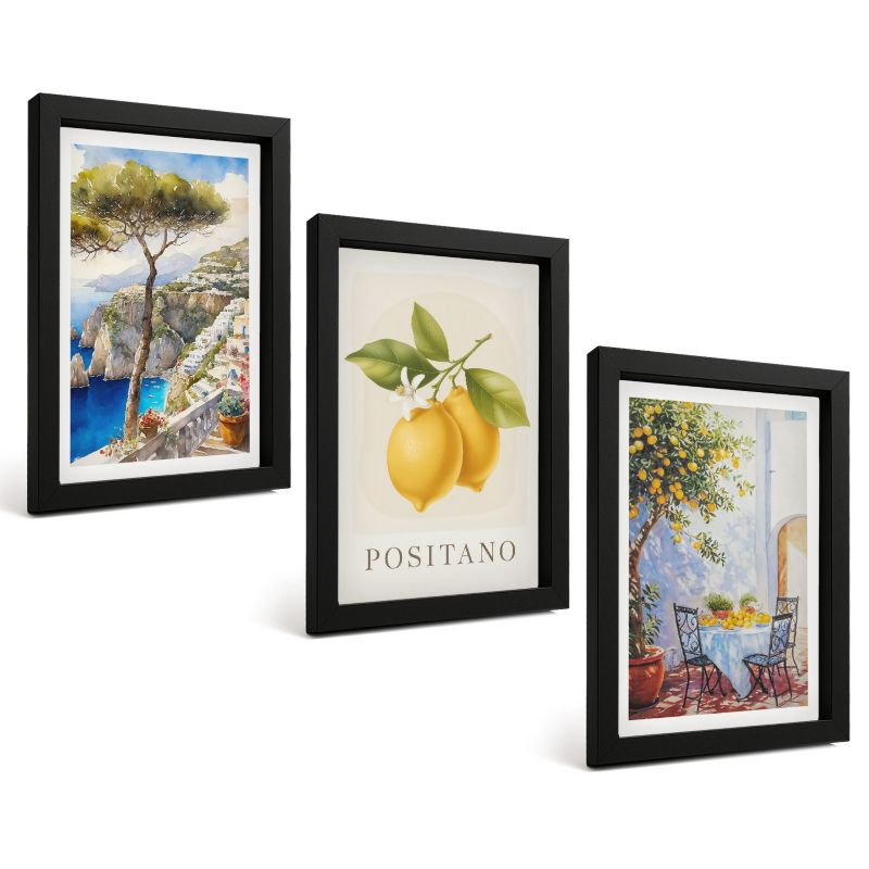Zestaw Obrazów 3 Częściowy ArtPrintCave Czarne Ramki 20x30 cm Dekoracja do Sypialni Widoki Positano z cytrynami 1 kpl.
