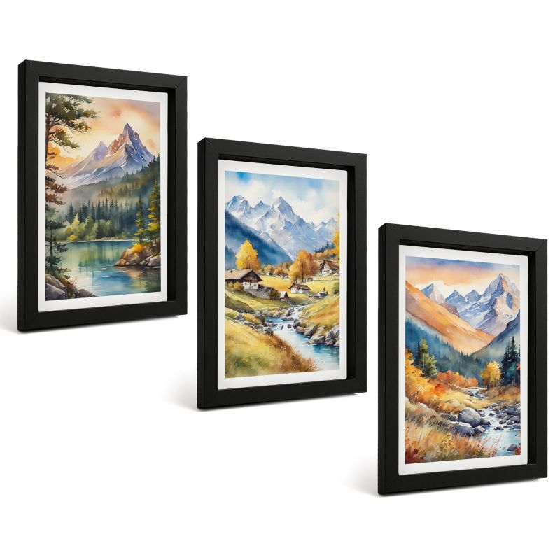 Zestaw Obrazów 3 Częściowy ArtPrintCave Czarne Ramki 20x30 cm Dekoracja do Sypialni Górski krajobraz z rzeką 1 kpl.