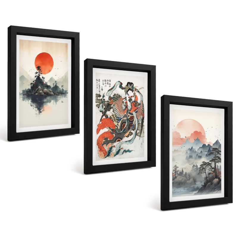 Zestaw Obrazów 3 Częściowy ArtPrintCave Czarne Ramki 20x30 cm Dekoracja do Sypialni Azjatyckie malunki japandi 1 kpl.