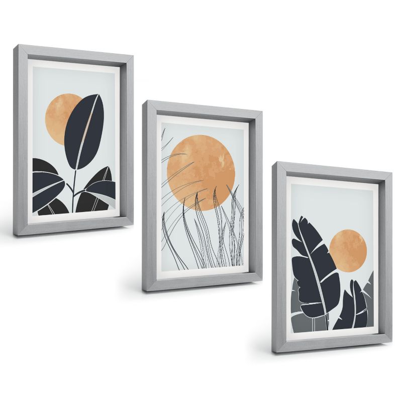 Zestaw Obrazów 3 Częściowy ArtPrintCave Srebrne Ramki 20x30 cm Dekoracja do Sypialni Roślinne wzory 1 kpl.