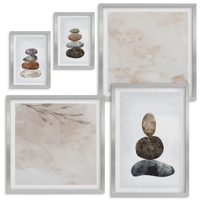 Set Obrazów w Ramie Wallfluent Stosy kamieni malarstwo boho Srebrna rama 5 szt.