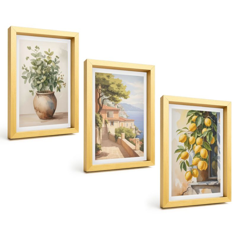 Zestaw Obrazów 3 Częściowy ArtPrintCave Złote Ramki 20x30 cm Dekoracja do Sypialni Kwiaty w wazonie morze cytryny 1 kpl.
