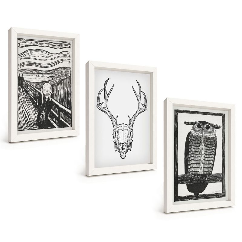 Zestaw Obrazów 3 Częściowy ArtPrintCave Białe Ramki 20x30 cm Dekoracja do Sypialni Krzyk czaszka sowa grafika 1 kpl.