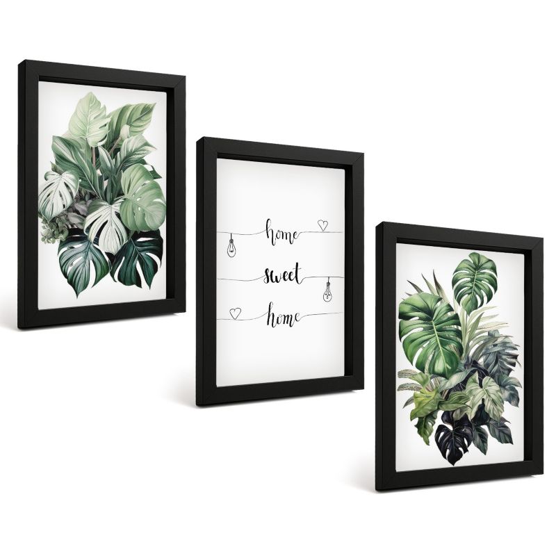 Zestaw Obrazów 3 Częściowy ArtPrintCave Czarne Ramki 20x30 cm Dekoracja do Sypialni Akwarelowe liście monstery 1 kpl.