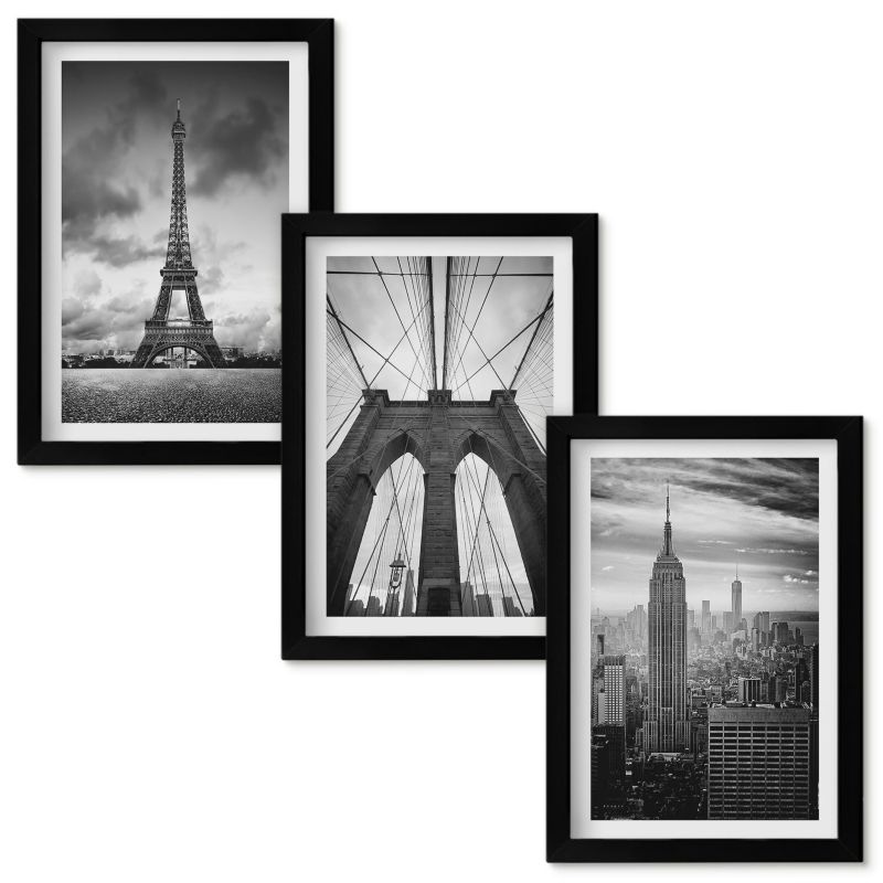 Zestaw obrazów Wallfluent Wieże mosty monochromatyczne Czarna rama 20x30cm 3 szt.