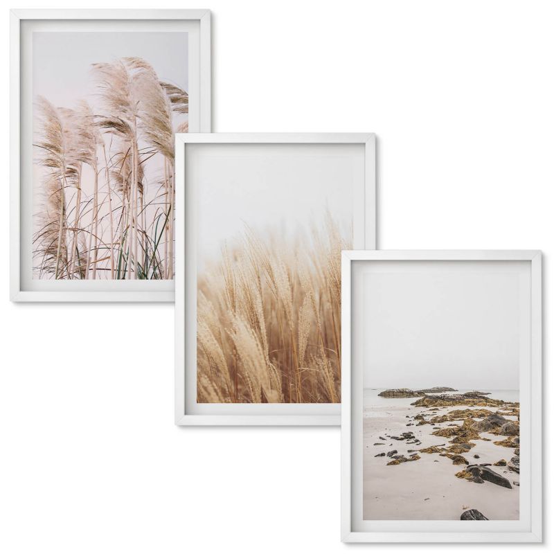 Zestaw Obrazów w Ramie Wallfluent Pola pampas traw i plaża boho Biała rama 40x60 cm 3 szt.