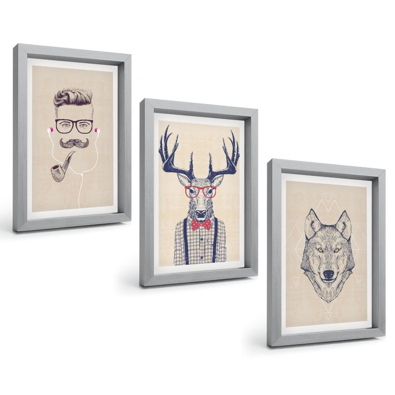 Zestaw Obrazów 3 Częściowy ArtPrintCave Srebrne Ramki 20x30 cm Dekoracja do Sypialni Stylowe portrety zwierząt 1 kpl.