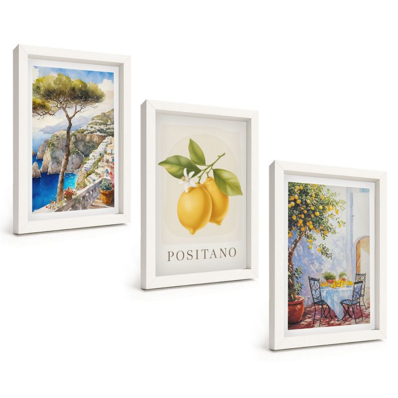 Zestaw Obrazów 3 Częściowy ArtPrintCave Białe Ramki 20x30 cm Dekoracja do Sypialni Widoki Positano z cytrynami 1 kpl.