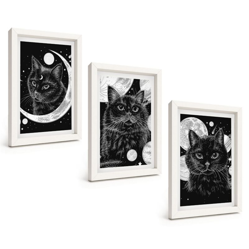 Zestaw Obrazów 3 Częściowy ArtPrintCave Białe Ramki 20x30 cm Dekoracja do Sypialni Czarne koty księżyc kosmos 1 kpl.