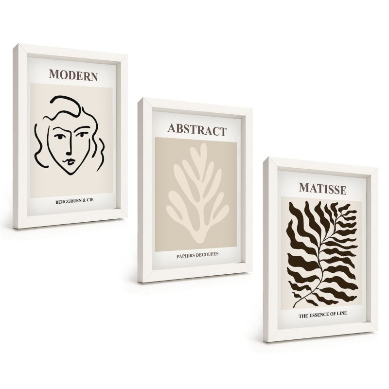 Zestaw Obrazów 3 Częściowy ArtPrintCave Białe Ramki 20x30 cm Dekoracja do Sypialni Twarz liście sztuka Matisse 1 kpl.