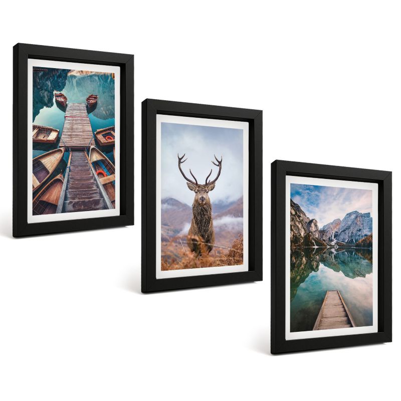 Zestaw Obrazów 3 Częściowy ArtPrintCave Czarne Ramki 20x30 cm Dekoracja do Sypialni Jezioro łodzie jelenie góry 1 kpl.