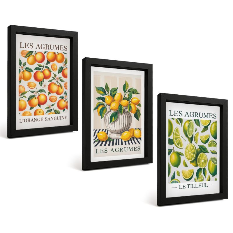 Zestaw Obrazów 3 Częściowy ArtPrintCave Czarne Ramki 20x30 cm Dekoracja do Sypialni Cytrusy w kolorowych odsłonach 1 kpl.